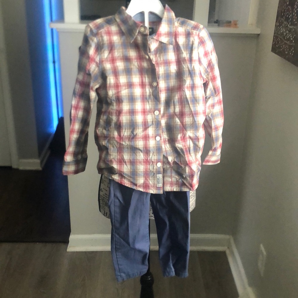 NWOT 2Pc Boys Oshkosh B’gosh Red/Blue & Tan Long Sleeve Button Up w/Blue Pant